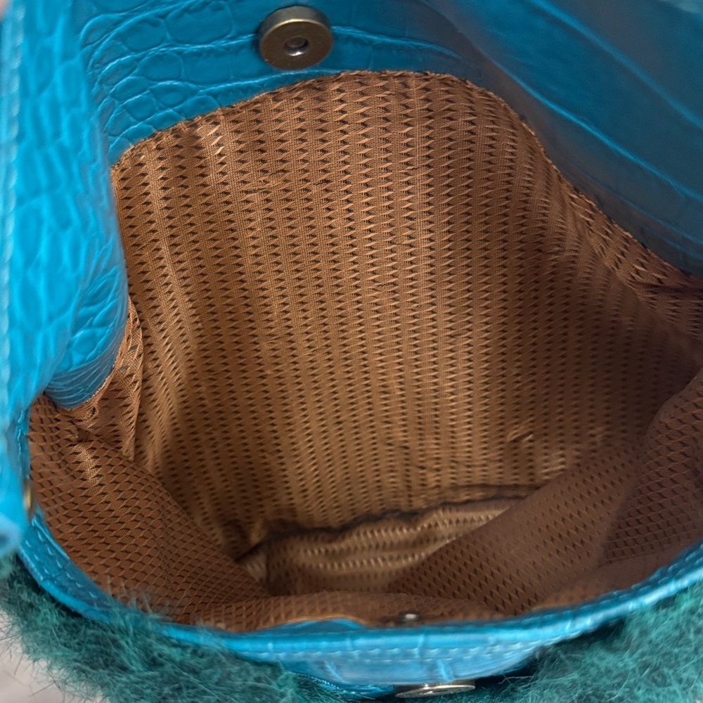 Teal Faux-Fur Shoulder Bag with Croc Texture - Picture 5 of 13